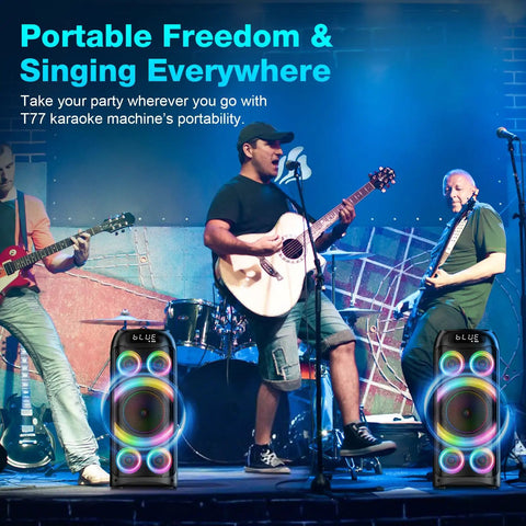 Band performing with 160W Peak Bluetooth Party Speaker With Deep Bass And Subwoofer, dynamic LED lights, portable boombox style.