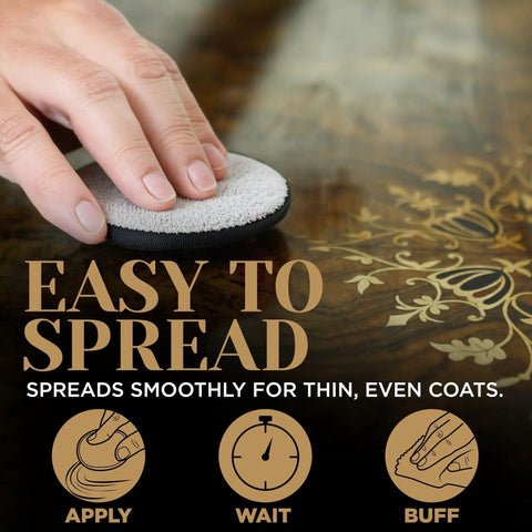 Applying Top Shelf Microcrystalline Wax Polish Kit With Gotto Formula for even coats on a wood surface.