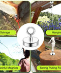 Beefy Neodymium Fishing Magnet With 300 Lbs Pull in action, showing hanging and salvage uses with strong pulling force.