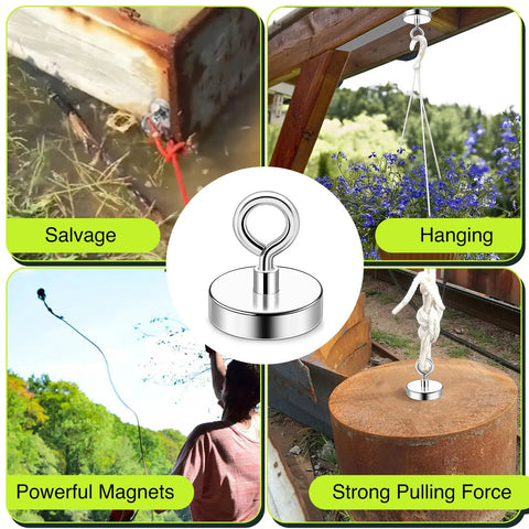 Beefy Neodymium Fishing Magnet With 300 Lbs Pull in action, showing hanging and salvage uses with strong pulling force.