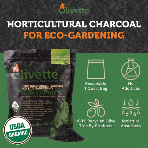 Front view of Premium Olive Derived Activated Charcoal For Plants Biochar Soil Booster For Terrariums And Potted Plants Moisture Control Root Rot Prevention Eco Friendly Organic Indoor Garden Solution One Bag, packaging with icons and text description.