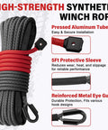 Beefed Up Synthetic Winch Rope Kit For ATVs And UTVs Off Road One Quarter Inch By Fifty Feet With Ten Thousand Pounds Breaking Strength Includes Forged Hook Protective Sleeve Rubber Stopper And Safety Pull Strap Gray featuring aluminum tube, sleeve, eye guard.