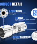 Close-up view of One Quarter Inch Drive Universal Joint Socket Set With Swivel And Wobble Sockets Nineteen Piece Metric Five To Fifteen Millimeter And SAE Three Sixteenth To Nine Sixteenth Inch Six Point CRV Flex Sockets For Tight Spaces showing 6-point design and markings.