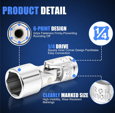 Close-up view of One Quarter Inch Drive Universal Joint Socket Set With Swivel And Wobble Sockets Nineteen Piece Metric Five To Fifteen Millimeter And SAE Three Sixteenth To Nine Sixteenth Inch Six Point CRV Flex Sockets For Tight Spaces showing 6-point design and markings.