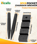 Three Piece Pocket Chainsaw Breaker Set product dimensions with 3.74 inch and 3.66 inch tool sizes, black carbon steel construction.