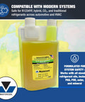 Front view of Mastercool 32 oz universal UV dye bottle with yellow liquid; label and Mastercool logo visible