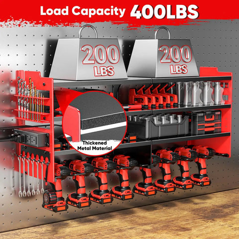 Beefy Power Tool Organizer Wall Mount With Charging Station Four Layer Heavy Duty Metal Shelf Holds 600lbs Battery Rack