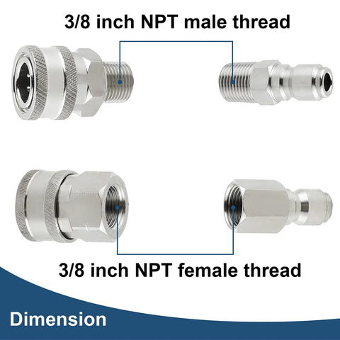 Raincovo pressure washer quick-connect fittings set, 3/8 inch NPT, stainless steel, male and female threads, four pieces