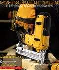 No Sweat Battery Powered 18 Gauge Cordless Brad Nailer With 1000 Brads Fits DeWalt 20V Max Packs held by gloved hand on wood.