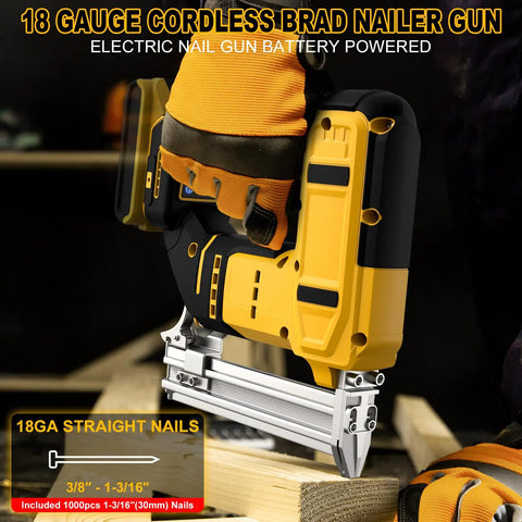 No Sweat Battery Powered 18 Gauge Cordless Brad Nailer With 1000 Brads Fits DeWalt 20V Max Packs held by gloved hand on wood.