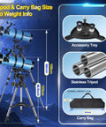 Sweet 150mm Newtonian Reflector Telescope Kit with stainless tripod, accessory tray, carry bag size, and weight info in blue.
