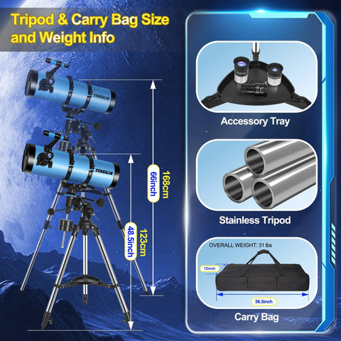 Sweet 150mm Newtonian Reflector Telescope Kit with stainless tripod, accessory tray, carry bag size, and weight info in blue.