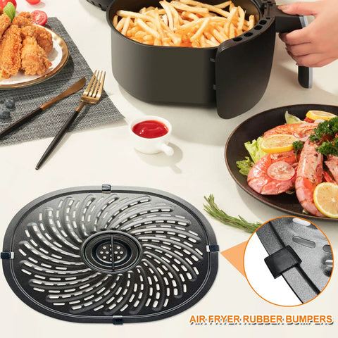 Vortex 7 Qt Air Fryer Replacement Grill Pan Set For Power XL Vortex, Oval 10.3 X 9.5 Inch with food on table