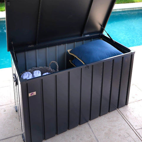 Outdoor Deck Box 120 Gallon Waterproof Lockable Storage Container With Lid For Patio Cushions, Pool Accessories And Garden Tools Weatherproof Gray Resin Box With Galvanized Steel Reinforced Lid