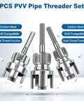 3 Piece Pvc Pipe Threader Set With 1/2 In, 3/4 In & 1 In Npt Dies Carbon Steel Drill Compatible Threading Tool Kit showing three cutting dies.