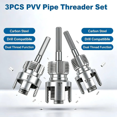 3 Piece Pvc Pipe Threader Set With 1/2 In, 3/4 In & 1 In Npt Dies Carbon Steel Drill Compatible Threading Tool Kit showing three cutting dies.