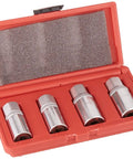 Sunex 8804M One-Half Inch Drive Four Piece Metric Stud Puller Set With 6 8 10 And 12 Millimeter Socket Sizes In Durable Metal Case, showing four chrome sockets in a red case.