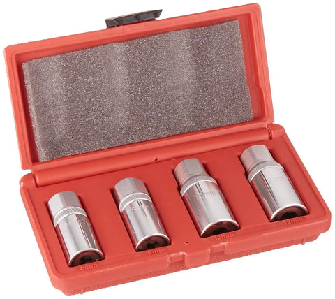 Sunex 8804M One-Half Inch Drive Four Piece Metric Stud Puller Set With 6 8 10 And 12 Millimeter Socket Sizes In Durable Metal Case, showing four chrome sockets in a red case.