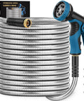 Garden hose 100ft metal coil with 10-function nozzle, blue/black handle, leak-proof connectors
