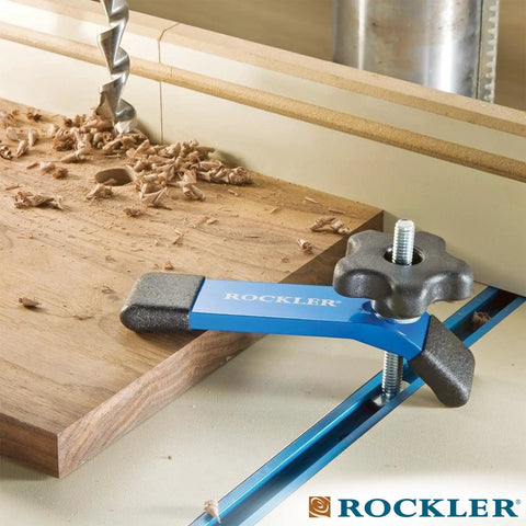 Blue Aluminum T Track 3 Ft for Workbenches, Jigs, and Machine Tables, Universal Slot Rail with clamping tool in use