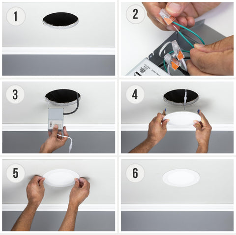 Installation steps for 4 Pack 6 Inch LED Recessed Downlights With 5CCT Color Selectable 2700K To 6000K, 12W, Ultra Thin Ceiling Lights