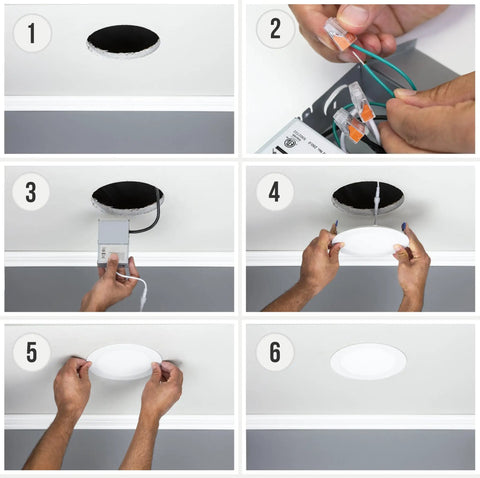 Installation process for 6-Pack 4-Inch Color-Selectable LED Recessed Ceiling Downlights With J-Box, Oil Rubbed Bronze Trim.