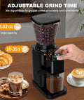 binROC Electric Conical Burr Coffee Grinder With Portafilter Holder In Sleek Black, 48 Precise Grind Settings For Espresso And Drip Brews, Built In Timer For Perfect Grounds Every Single Time with coffee beans and a hand adjusting timer.