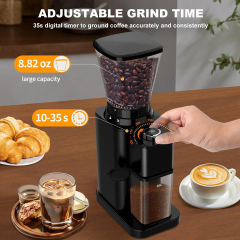 binROC Electric Conical Burr Coffee Grinder With Portafilter Holder In Sleek Black, 48 Precise Grind Settings For Espresso And Drip Brews, Built In Timer For Perfect Grounds Every Single Time with coffee beans and a hand adjusting timer.