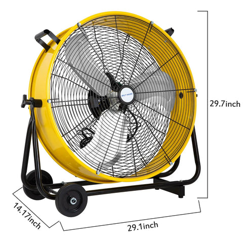 Beast Mode High Velocity Industrial Drum Fan 24 Inch With 8100 CFM, yellow steel frame, side view with dimensions displayed.