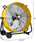24 Inch High Velocity Drum Fan With 8100 CFM Three Speed Beefy Heavy Duty Tilt Floor Shop Fan for garage workshop use, yellow