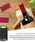Premium Black Heat Shrink Bottle Caps For Wine And Spirit Sealing With No Sweat Party Wraps For Oil Jars And Crafts on a wooden table.