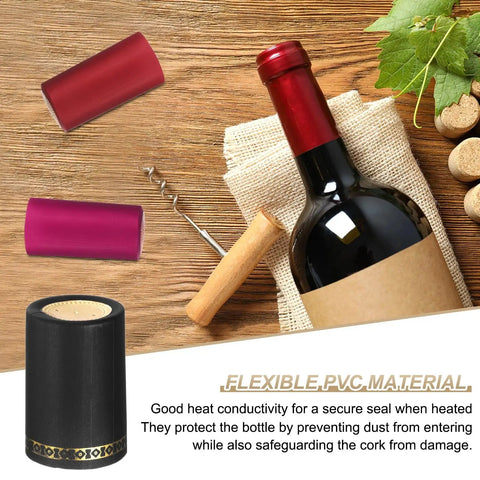 Premium Black Heat Shrink Bottle Caps For Wine And Spirit Sealing With No Sweat Party Wraps For Oil Jars And Crafts on a wooden table.