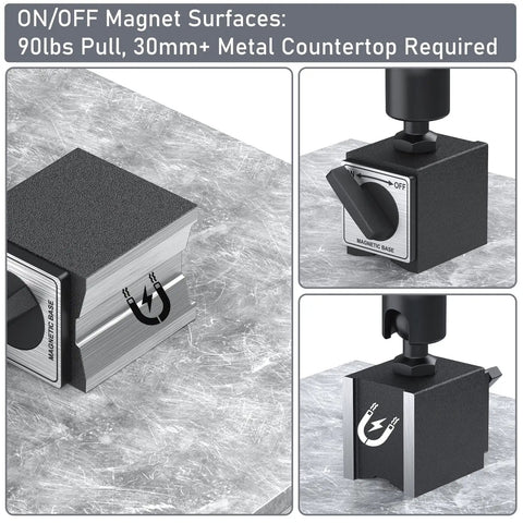 Digital Dial Indicator Gauge With Magnetic Base Stand on metal surface, 90 lb tensile, showing on/off switch