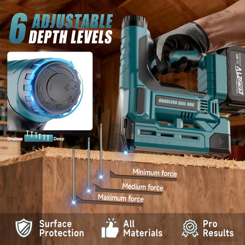 Cordless 18 Gauge Brad Nailer And Staple Gun Bundle With Battery And 1000 Piece Fastener Kit showing adjustable depth levels and nail force settings.