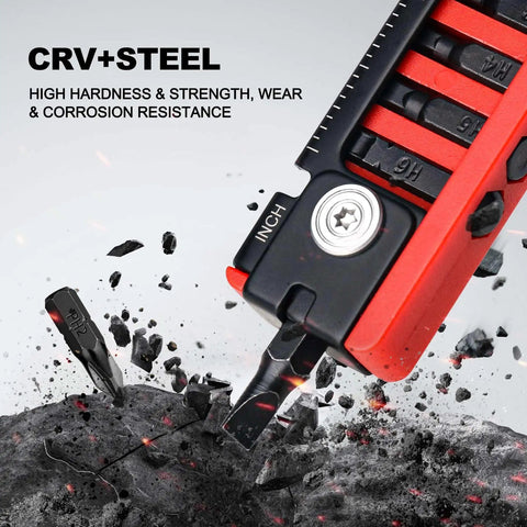 Close-up of 7 In 1 Bike Multitool With Hex Wrenches And Screwdrivers, Ruler, Joint Levers, And Key Ring showing CRV steel material.