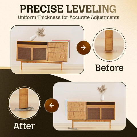 Heavy Duty Composite Wood Shims For Leveling And Spacing Built Tough to resist moisture, shown leveling furniture before and after.