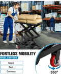 Heavy Duty Hydraulic Lift Table Cart With 770 Lbs Load Capacity And 50 Inch Height used by worker to move bags in a warehouse.