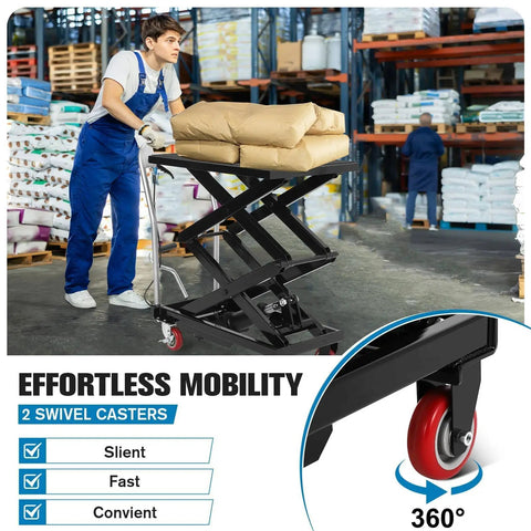 Heavy Duty Hydraulic Lift Table Cart With 770 Lbs Load Capacity And 50 Inch Height used by worker to move bags in a warehouse.