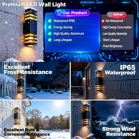 15 Inch LED Square Outdoor Up And Down Wall Light 14W Day White Aluminum IP65 Waterproof Fixture for exterior shown in various settings