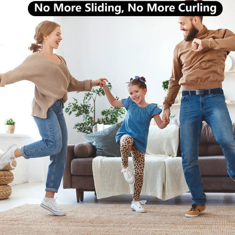 Family dancing on rug with 25 Pieces Non Slip Rug Tape Set With Triangular Grippers for Hardwood Floors, secure and flat.