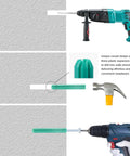 100 Pack 7mm One Quarter Inch Plastic Expansion Anchors 50mm Length Heavy Duty Green PE Wall Plugs being used with drills and hammer.