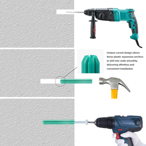 100 Pack 7mm One Quarter Inch Plastic Expansion Anchors 50mm Length Heavy Duty Green PE Wall Plugs being used with drills and hammer.