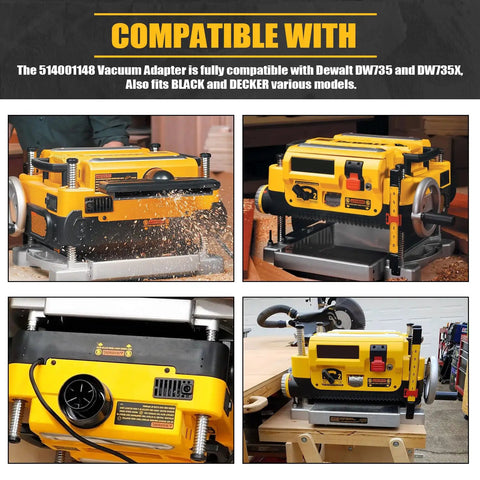 Dust Gets Routed Fast With This Badass Planer Vacuum Adapter Replacement Compatible With Dewalt Dw735 Units For A Tight As A Drum Hookup That Keeps Your Workspace Clean And Makes Woodworking A Breeze - images showing DW735 adapter details and compatibility.