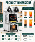 Shop Ready Full Automatic Boba Tea Cup Sealer Machine Crushes The Rush At 600 Cups An Hour with dimensions and specifications displayed.
