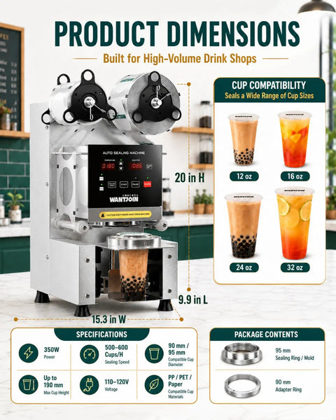 Shop Ready Full Automatic Boba Tea Cup Sealer Machine Crushes The Rush At 600 Cups An Hour with dimensions and specifications displayed.