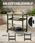 Three Tier Outdoor Grill Cart With Rolling Pizza Oven Table And Stainless Steel Top 26.6 By 16.1 Inches for Patio Parties