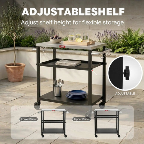 Three Tier Outdoor Grill Cart With Rolling Pizza Oven Table And Stainless Steel Top 26.6 By 16.1 Inches for Patio Parties