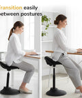 Woman using Comfy Ergonomic Sit Stand Stool For Standing Desk With Height Adjustment And 360 Degree Tilt Active Sitting Leaning Chair in black