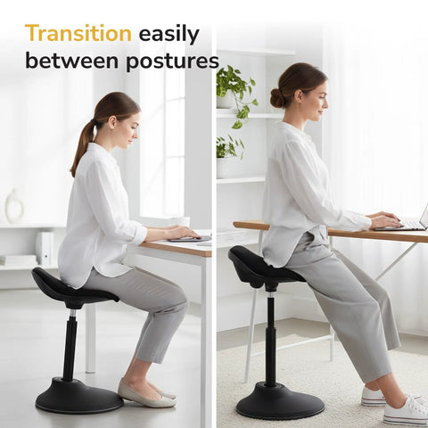 Woman using Comfy Ergonomic Sit Stand Stool For Standing Desk With Height Adjustment And 360 Degree Tilt Active Sitting Leaning Chair in black