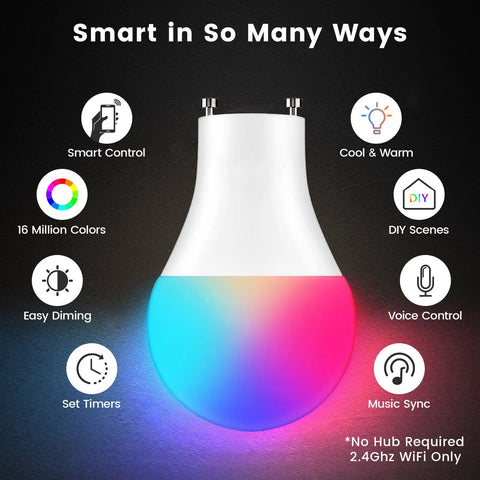 GU24 Color Changing Smart Light Bulbs With Alexa And Google Assistant, 10W 900LM RGBCW LED Bulbs, feature icons displayed